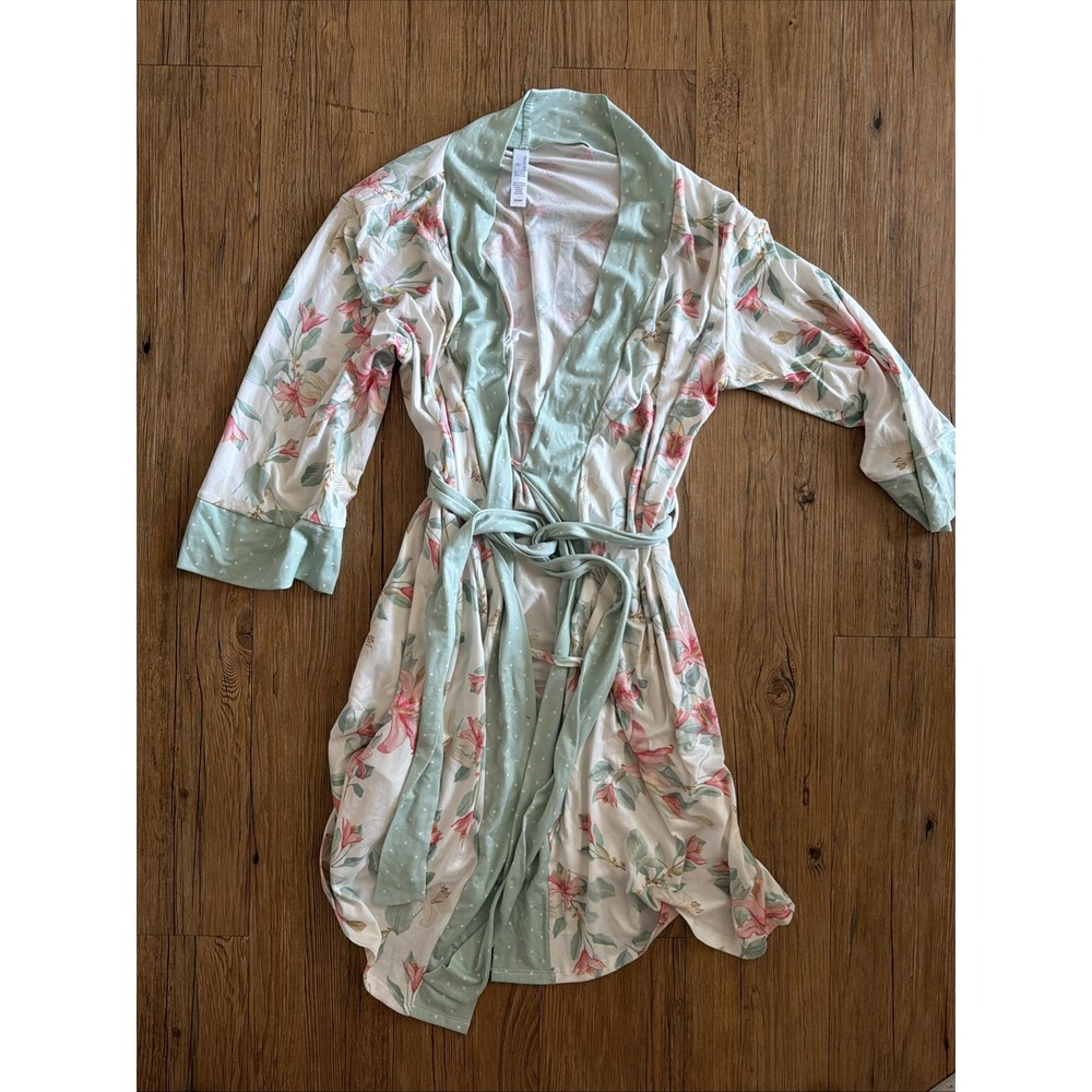 FN By Flora Nikrooz Women's Robe Size S White Sage Green Floral Polka dots Soft